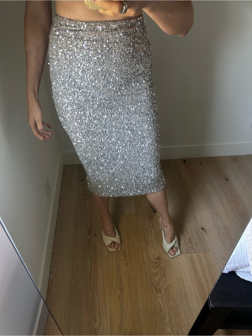 Express Silver Sequin Midi Skirt